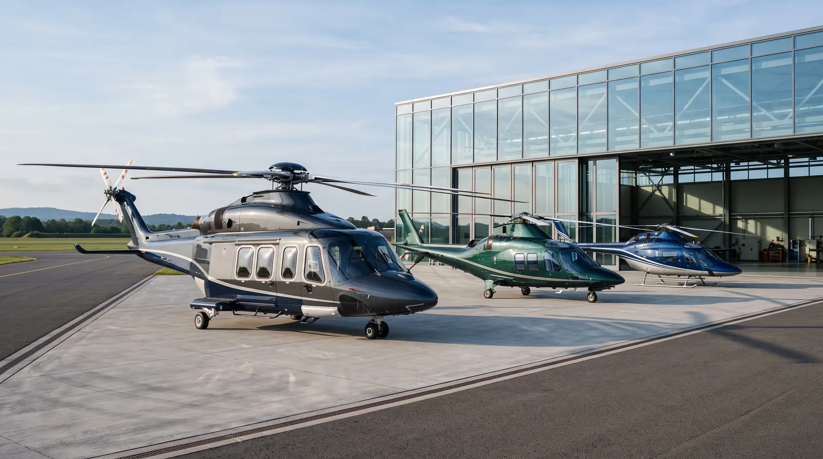 Drei Geschäftsreisehubschrauber unterschiedlicher Größe auf dem Vorfeld vor einem Hangar mit Glasfront