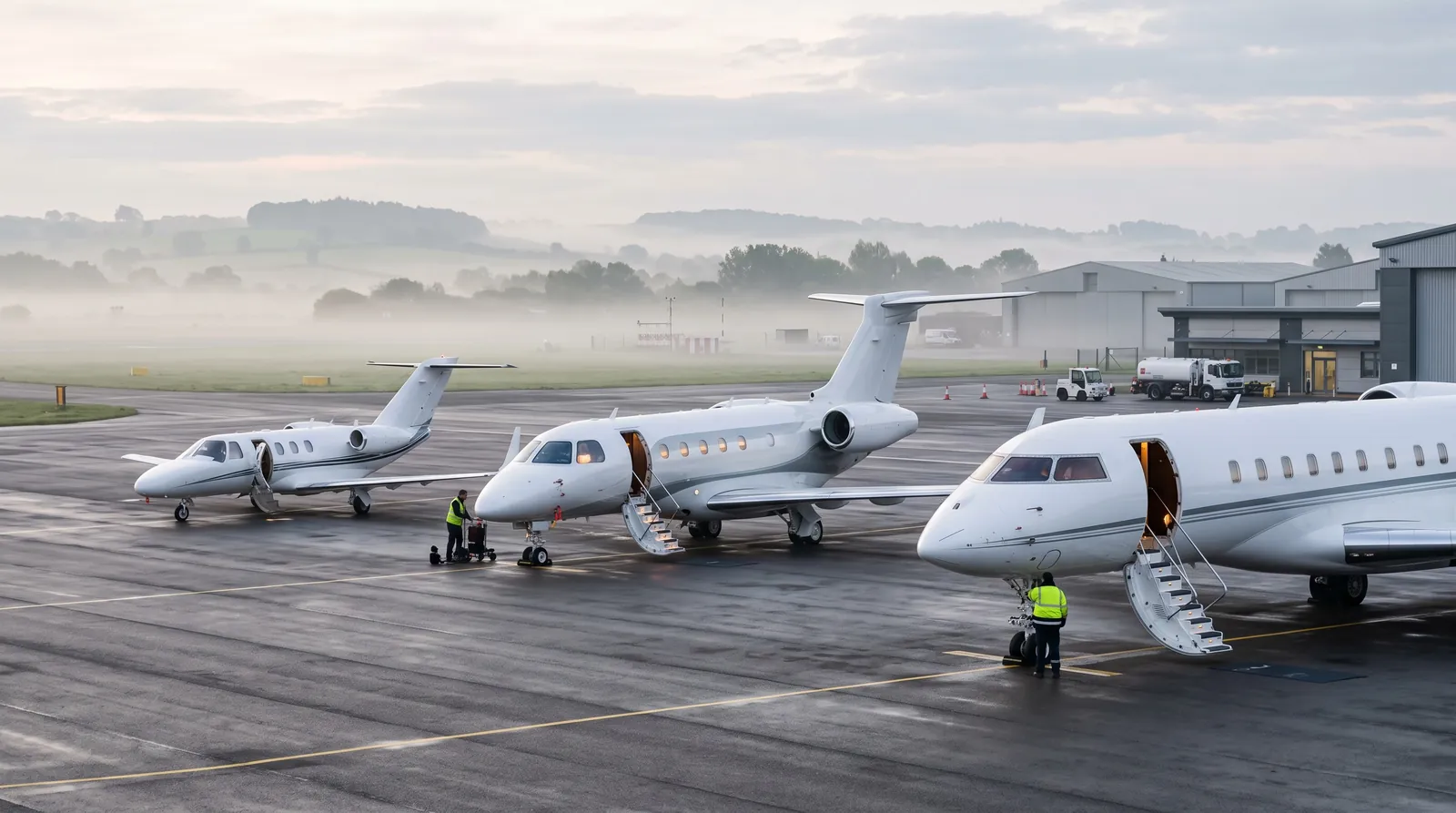Drei Businessjets unterschiedlicher Größe nebeneinander auf dem Vorfeld