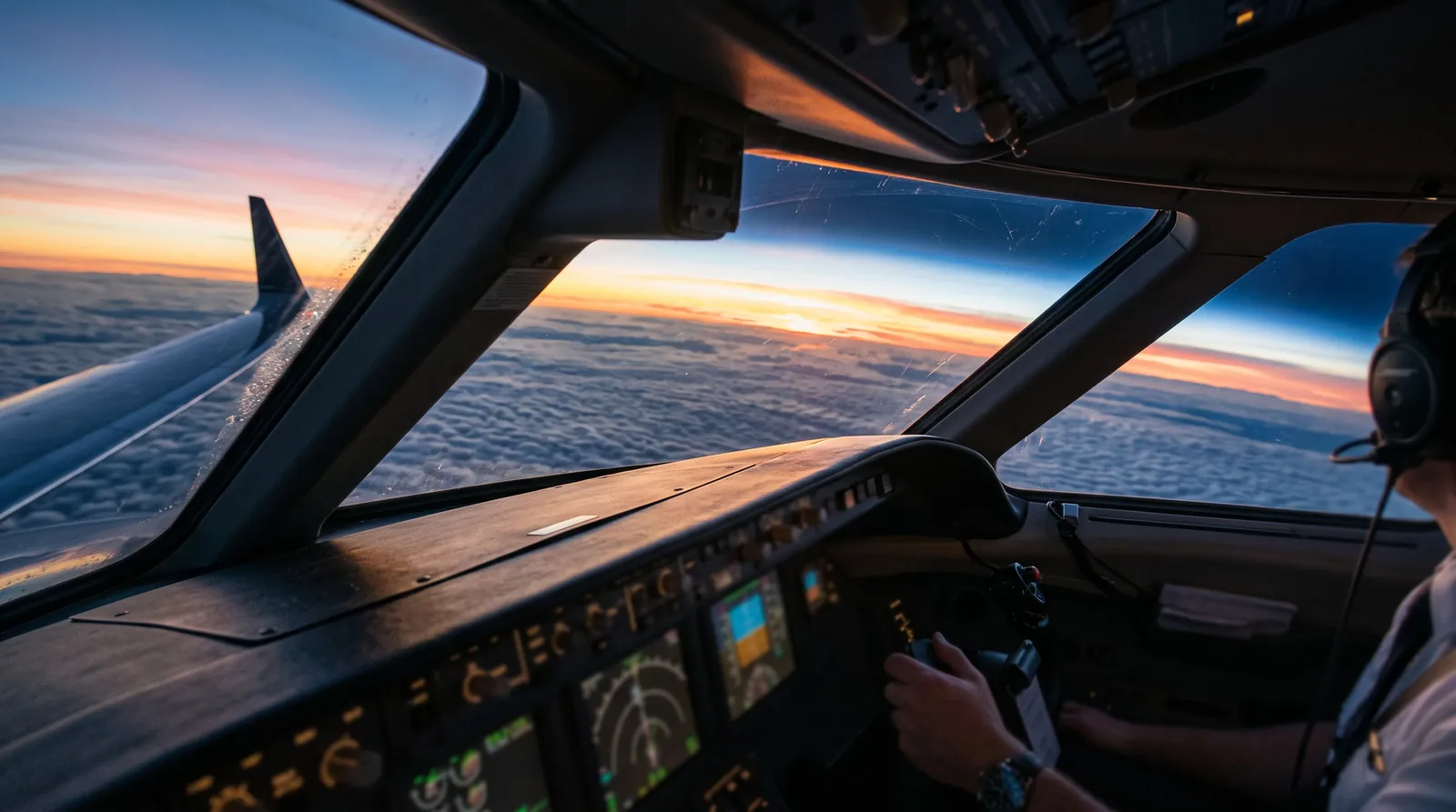 Blick aus dem Cockpit über ein Wolkenmeer bei Sonnenaufgang