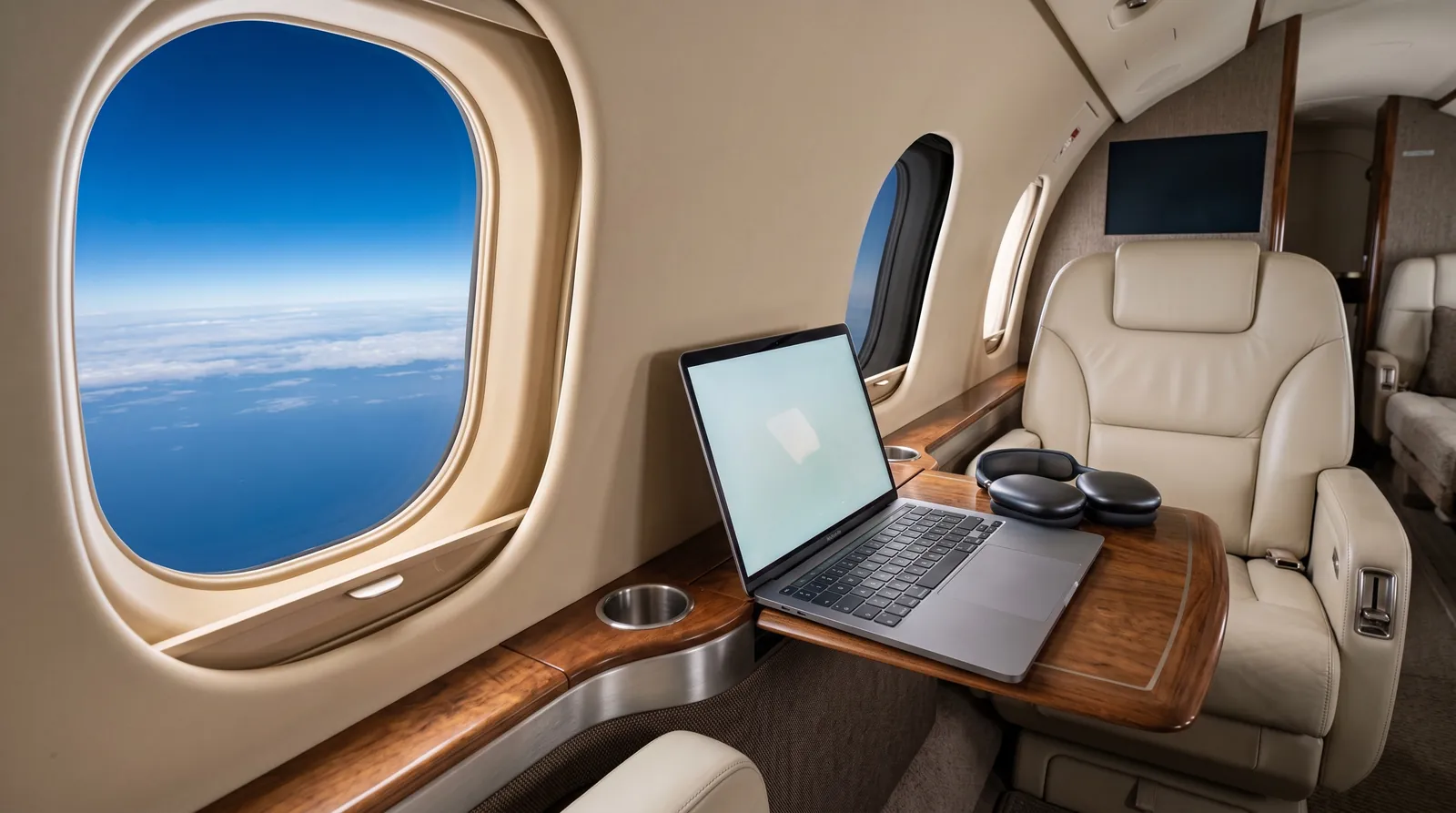 Aufgeklappter Laptop auf der Seitenablage eines Business Jets neben einem ovalen Fenster über dem Ozean